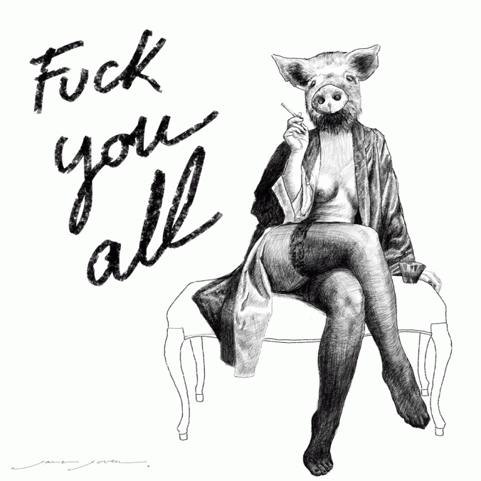 "Fuck you all", dibujo digital de Javier Joven parael libro "Rocío Erótico"